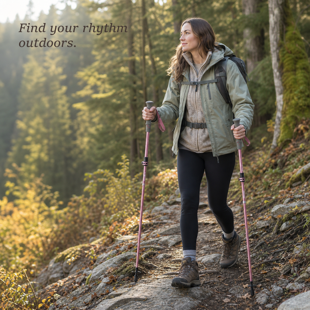 Hiker walking a forest trail using a pair of TrailLink pearl pink folding trekking poles.