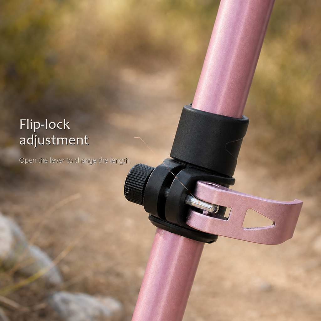 TrailLink pearl pink folding trekking pole standing on rock against a misty mountain backdrop.