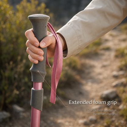 Hand gripping the extended EVA foam grip of a TrailLink pearl pink trekking pole with pink wrist strap.