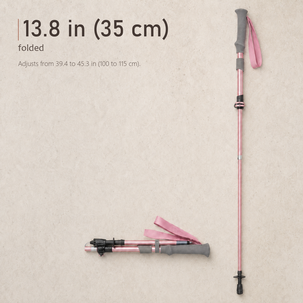 Four-step setup guide for the TrailLink folding trekking pole, showing the sections, lever, length and wrist strap.