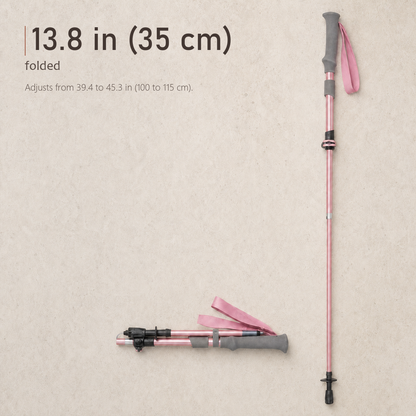 Four-step setup guide for the TrailLink folding trekking pole, showing the sections, lever, length and wrist strap.