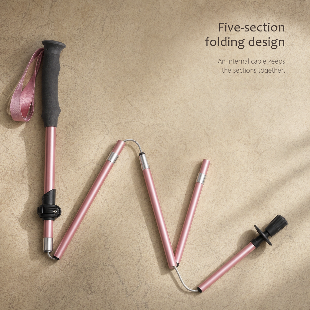 TrailLink pearl pink trekking pole extended and folded side by side, labelled 35 cm folded and 100 to 115 cm extended.