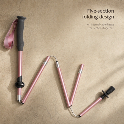 TrailLink pearl pink trekking pole extended and folded side by side, labelled 35 cm folded and 100 to 115 cm extended.