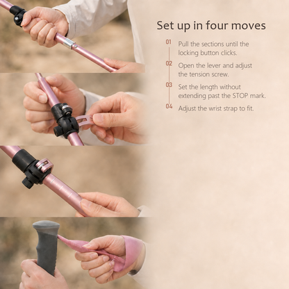 TrailLink pearl pink trekking pole laid out in its five-section folding design, joined by an internal cable.