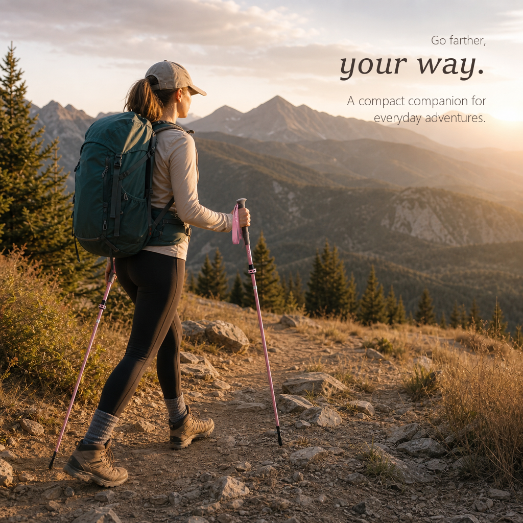 TrailLink pearl pink folding trekking pole beside its black drawstring carry bag on a beige ground.