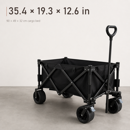 Dimension chart for TrailFold wagon in black showing 35.4 by 19.3 by 12.6 in cargo bed callouts.