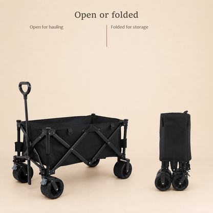 TrailFold wagon in black shown open for hauling and folded upright for storage side by side.