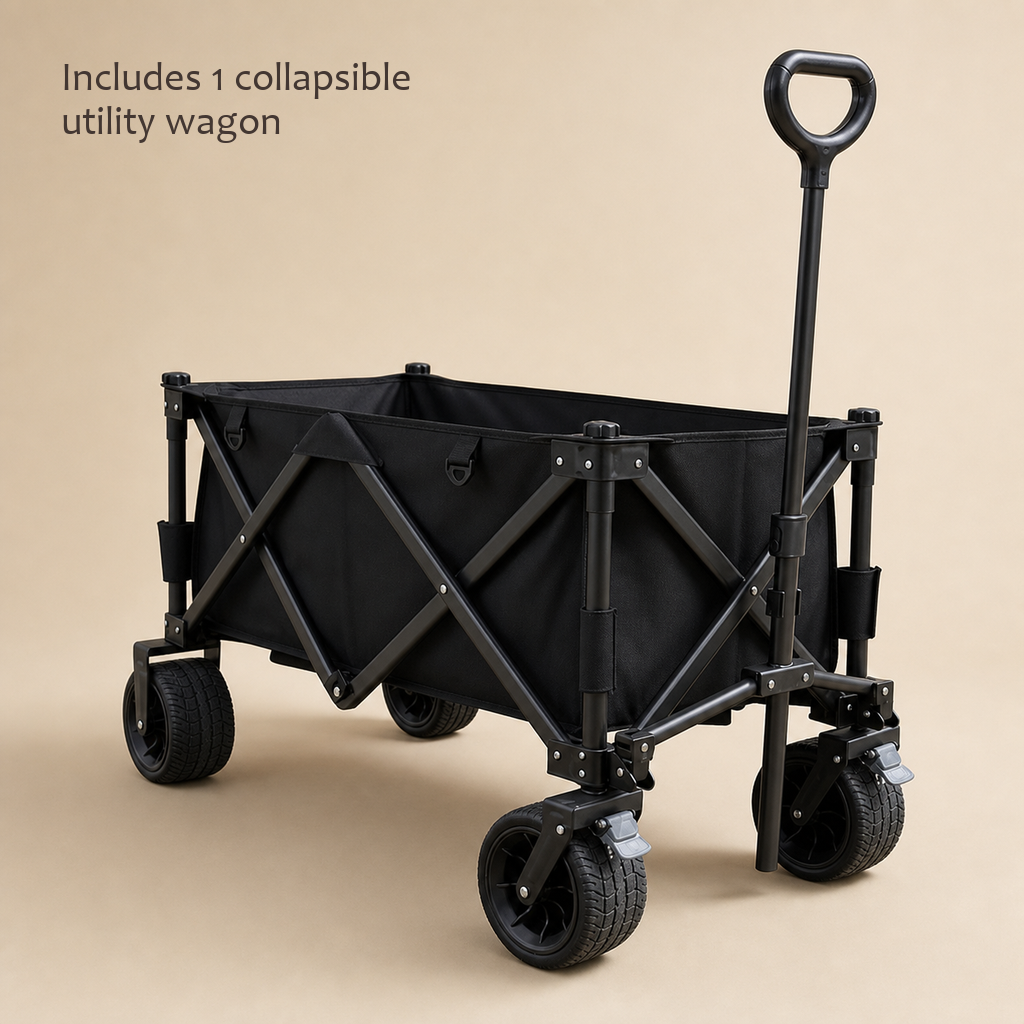 TrailFold utility wagon in black with wide all-terrain wheels, studio view noting one wagon included.