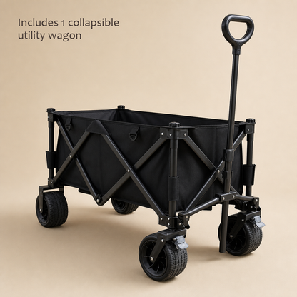 TrailFold utility wagon in black with wide all-terrain wheels, studio view noting one wagon included.