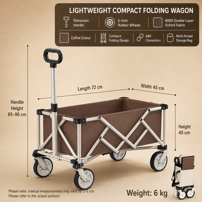 Specification chart for the TrailFold wagon in coffee brown with 5-inch rubber wheels, a 72 by 45 cm bed and a 6 kg weight on a beige backdrop.