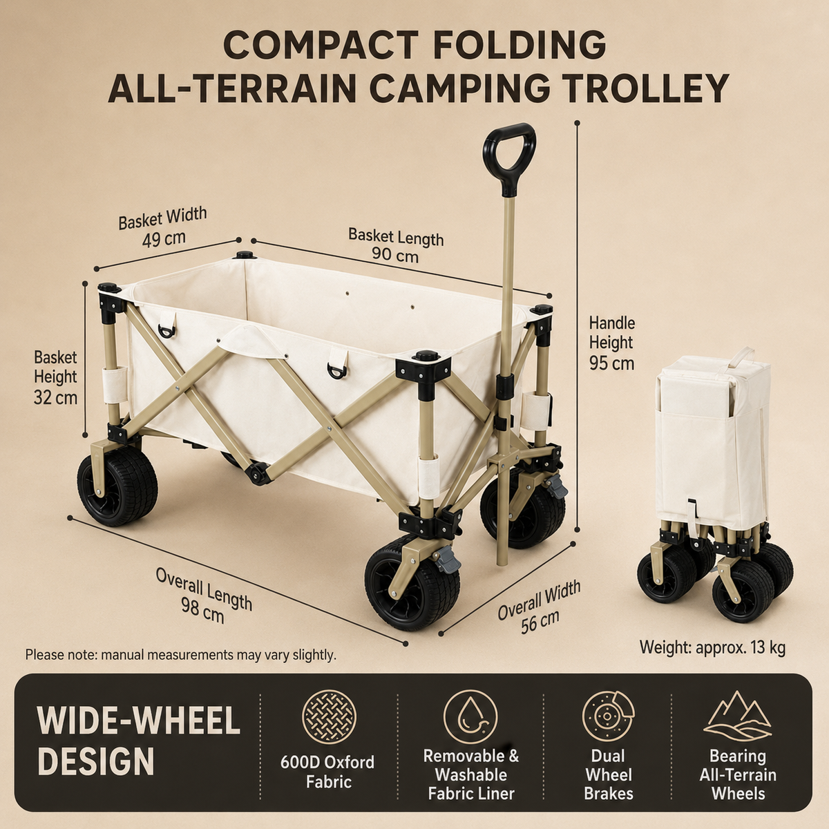 Specification chart for the TrailFold off-white camping trolley with wide all-terrain wheels, a 90 by 49 cm basket and an approx. 13 kg weight.