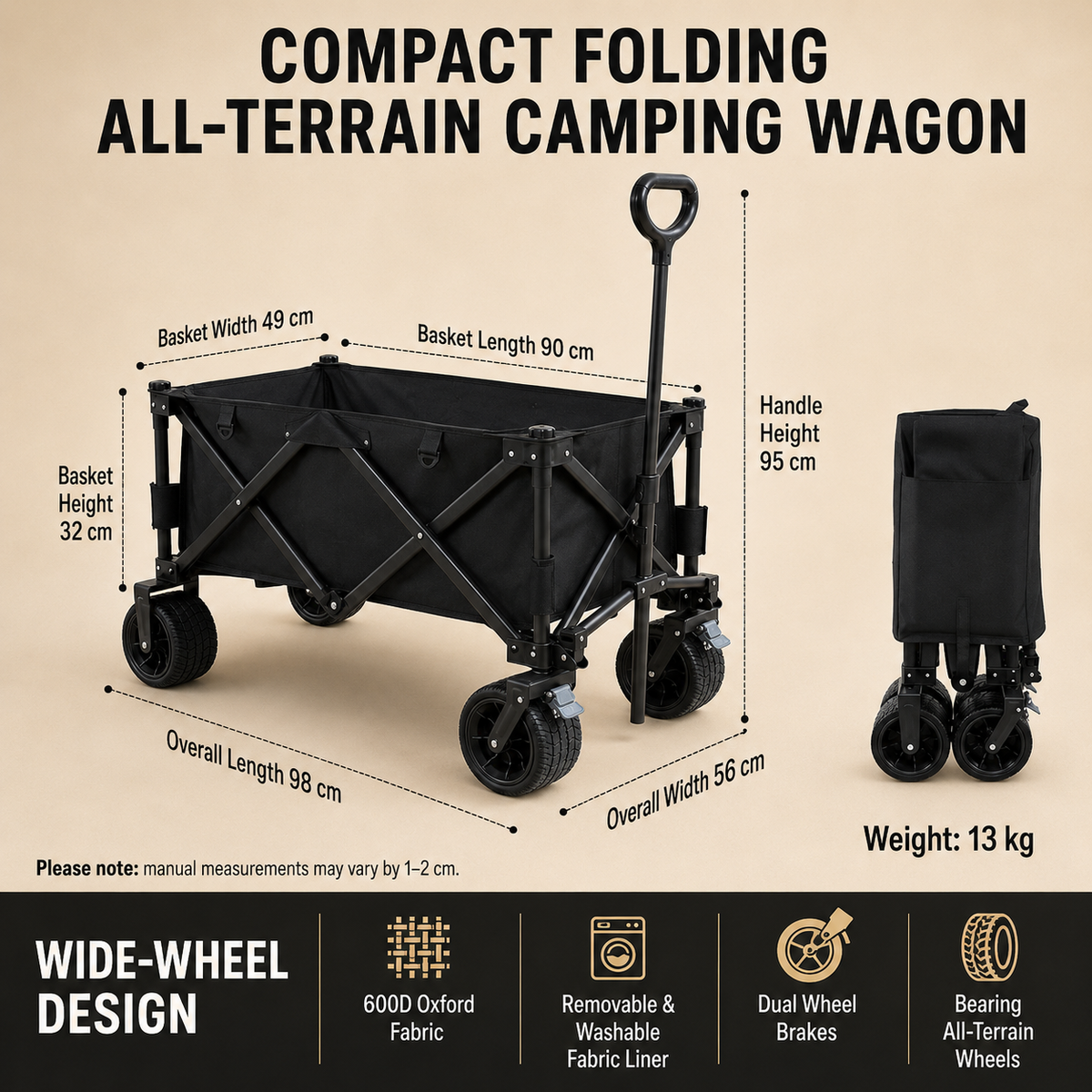 Specification chart for the TrailFold wagon in black with wide all-terrain wheels, a 90 by 49 cm basket and a 13 kg weight on a beige backdrop.