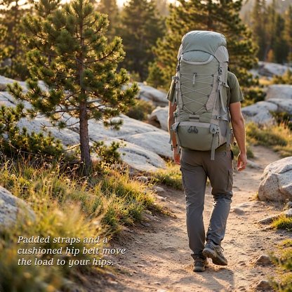 Hiker on a pine singletrack trail seen from behind, wearing the TrailFrame 75L pack with padded straps and hip belt.