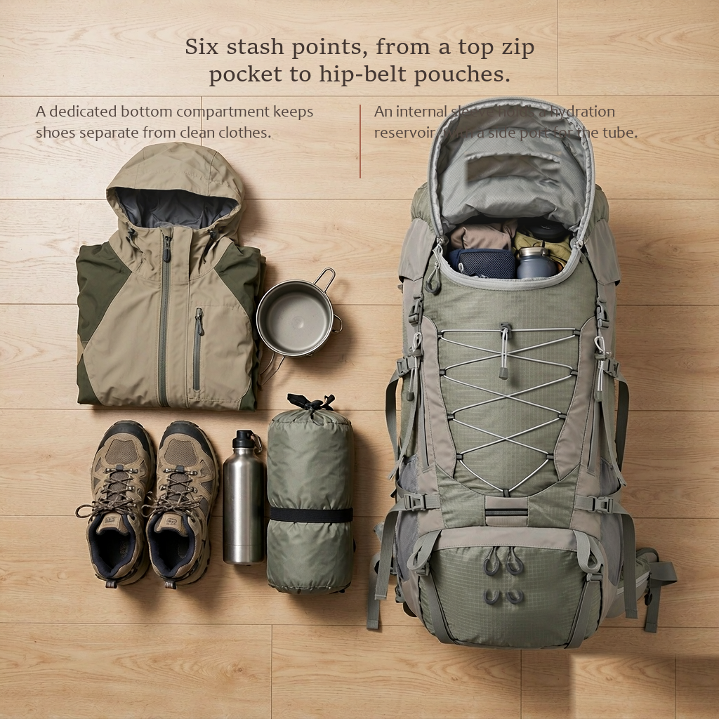 TrailFrame 75L hiking backpack in sage gray-green, overhead view comparing a loose pile of trail gear with the same gear sorted into its open compartments.