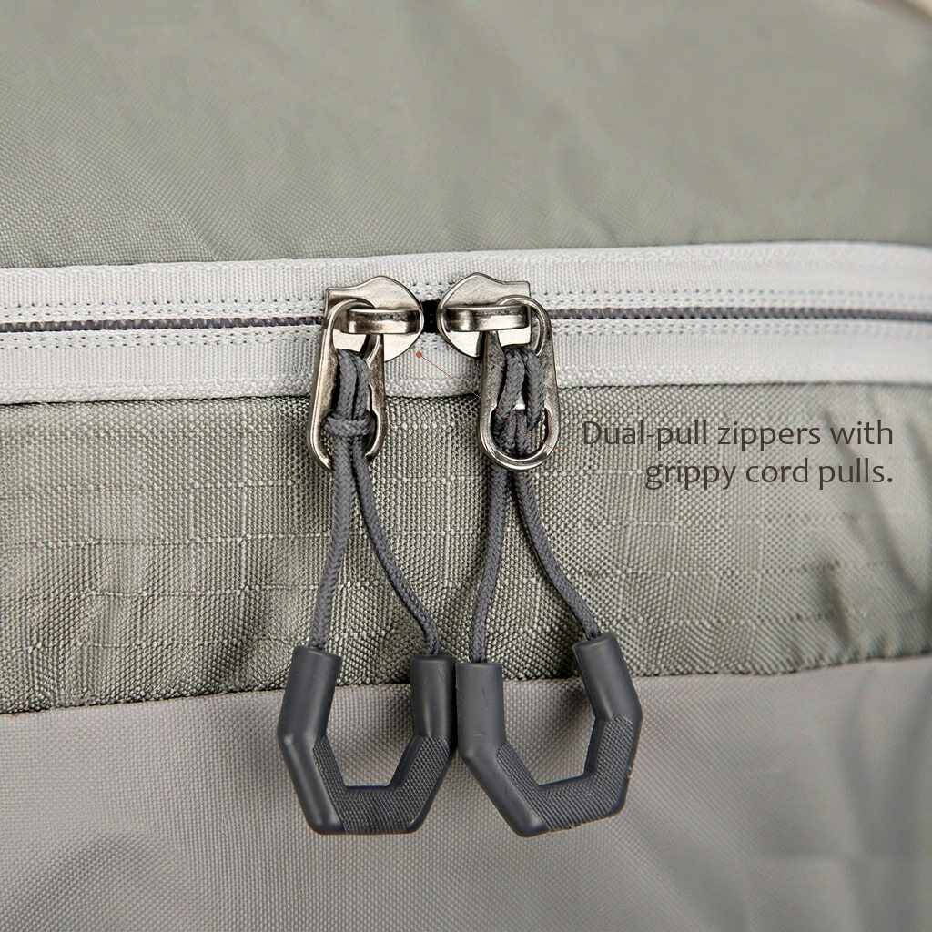 TrailFrame 75L hiking backpack in sage gray-green, extreme close-up of the top-lid zipper showing dual metal sliders with dark gray cord pull loops.