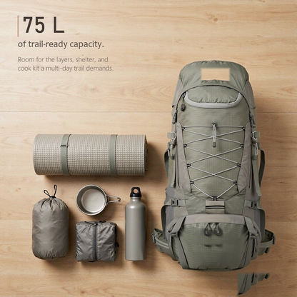 TrailFrame 75L hiking backpack in sage gray-green, overhead flat lay beside a sleeping pad, stuff sack, cook pot, bottle and folded rain shell.