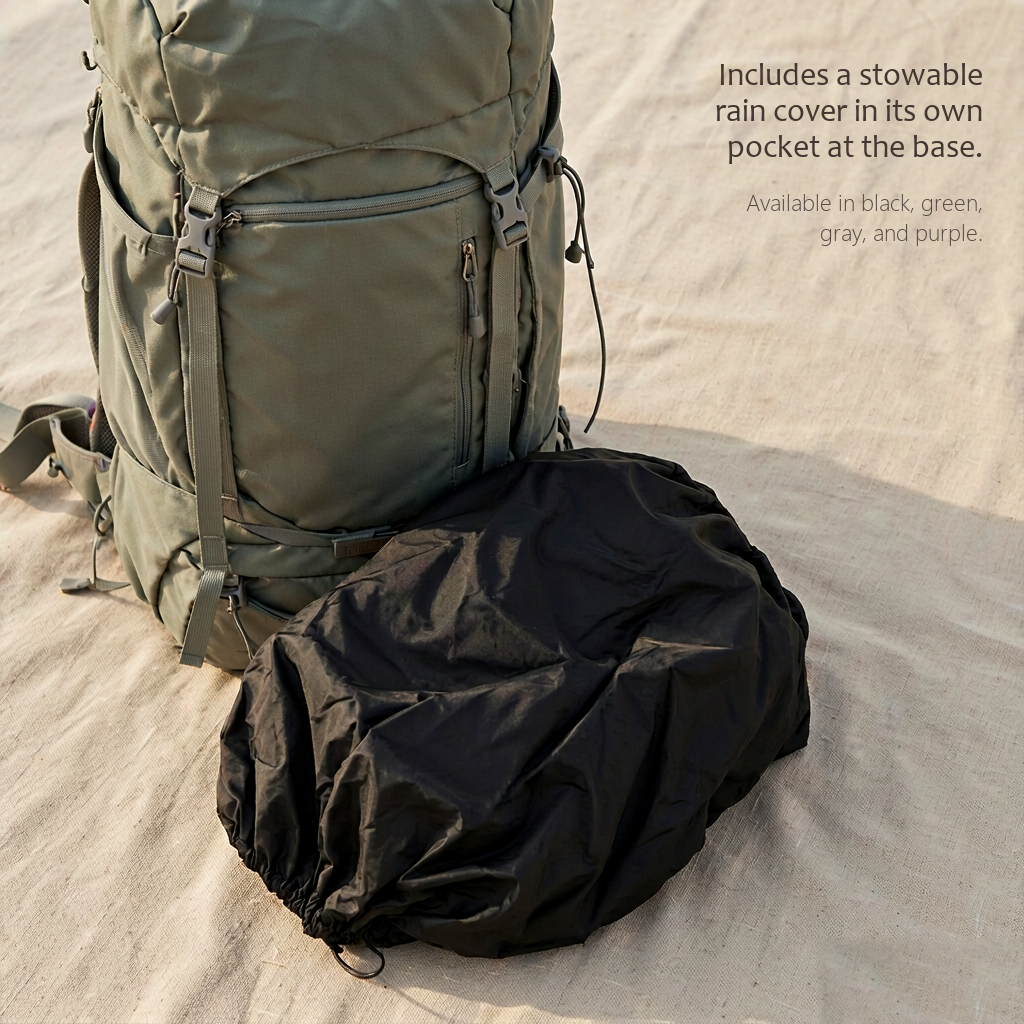 TrailFrame 75L hiking backpack in sage gray-green, studio flat lay together with its folded black nylon rain cover on a pale linen surface.