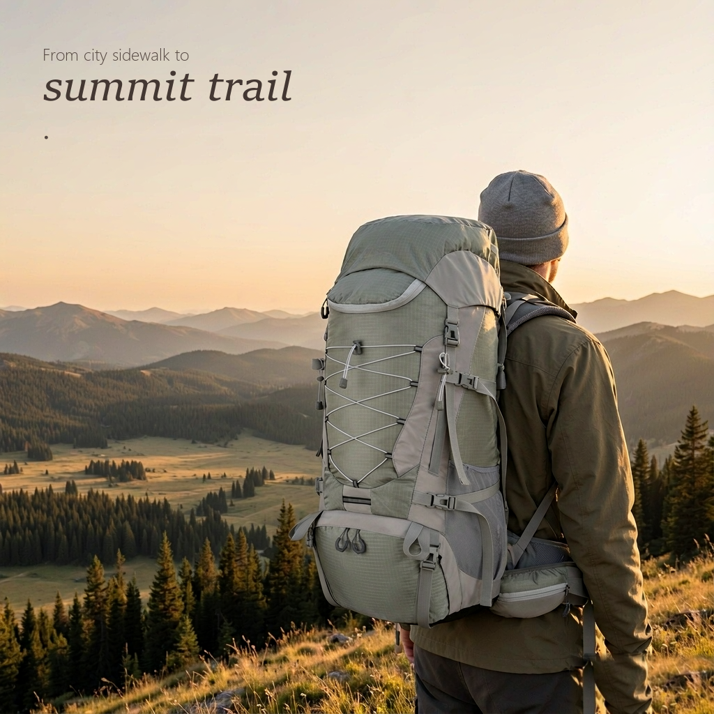 Hiker in an olive jacket pausing on a grassy ridgeline above a hazy pine valley, wearing the TrailFrame 75L hiking backpack in sage gray-green.