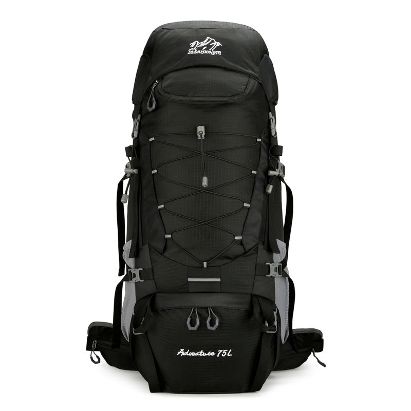 TrailFrame 75L hiking backpack in black, front view on white background showing bungee lacing and side pockets.