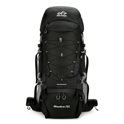 TrailFrame 75L hiking backpack in black, front view on white background showing bungee lacing and side pockets.