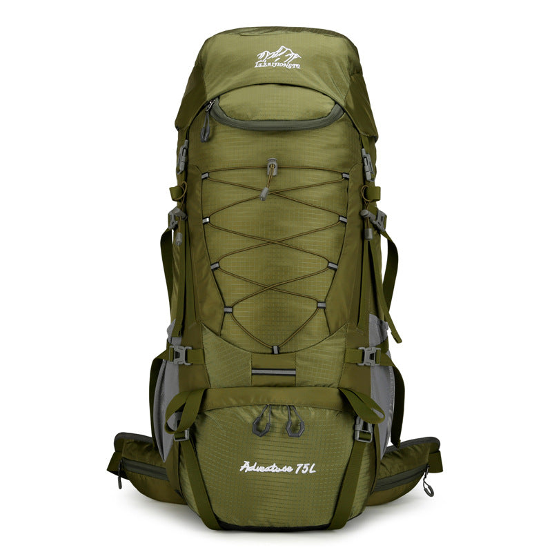 TrailFrame 75L hiking backpack in green, front view on white background showing bungee lacing and the front pocket.