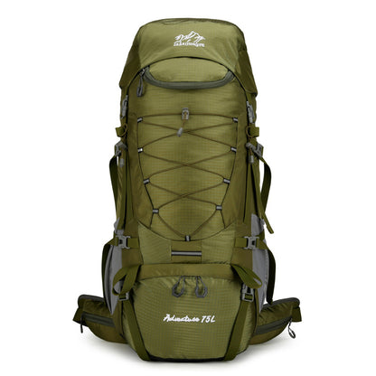 TrailFrame 75L hiking backpack in green, front view on white background showing bungee lacing and the front pocket.