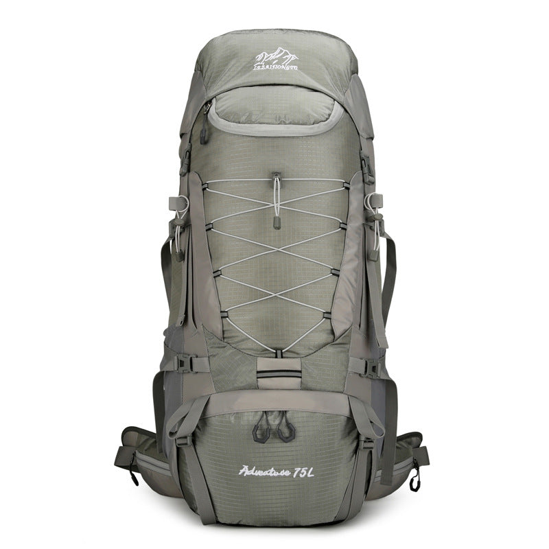 TrailFrame 75L hiking backpack in gray, front view on white background with centered bungee lacing and dual side pockets.