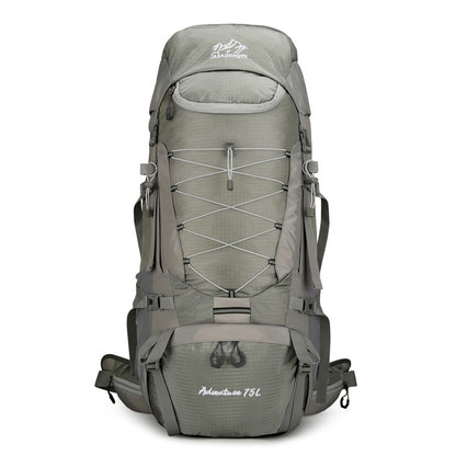 TrailFrame 75L hiking backpack in gray, front view on white background with centered bungee lacing and dual side pockets.