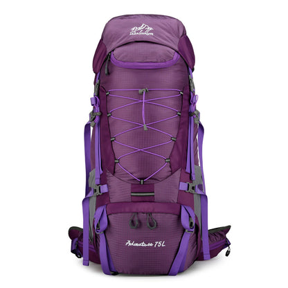 TrailFrame 75L hiking backpack in purple, front view on white background showing bungee lacing and the hip belt.