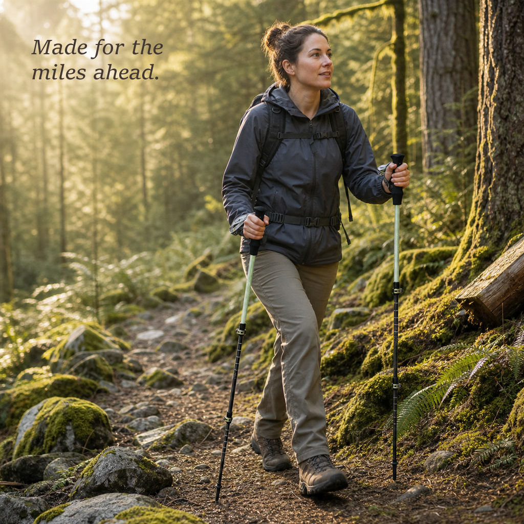 Hiker walking a forest trail using a pair of TrailGlide Lake Green telescoping carbon trekking poles.