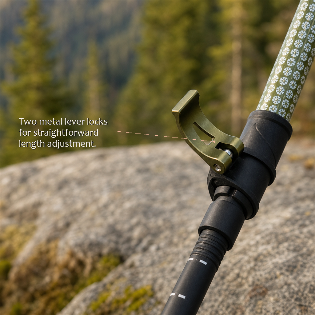 Close-up of a TrailGlide Lake Green pole's metal lever lock with length-adjustment callout text.