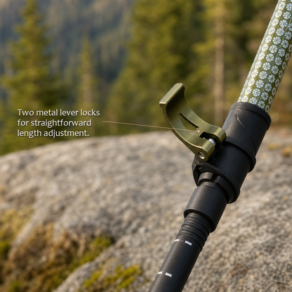 Close-up of a TrailGlide Lake Green pole's metal lever lock with length-adjustment callout text.