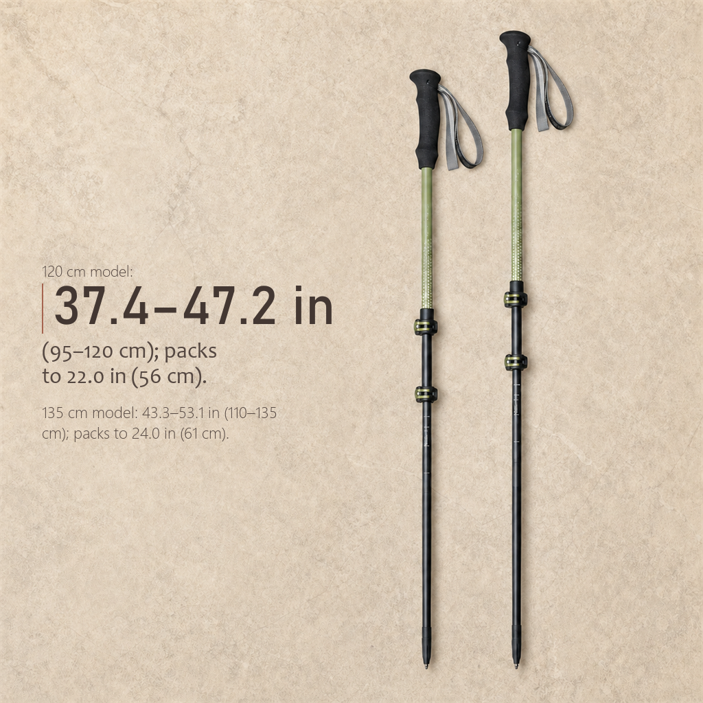 Specification chart for TrailGlide Lake Green telescoping poles showing 120 cm and 135 cm length ranges.