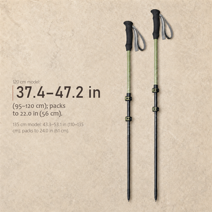 Specification chart for TrailGlide Lake Green telescoping poles showing 120 cm and 135 cm length ranges.