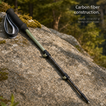 TrailGlide Lake Green carbon trekking pole lying on a mossy rock with carbon-fiber construction text.
