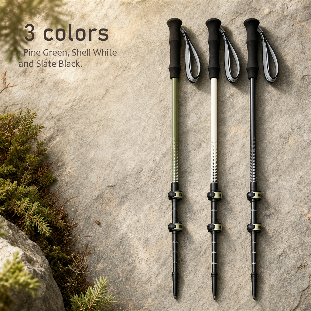 TrailGlide telescoping trekking poles in Lake Green, Shell White, and Slate Black arranged on a rock.