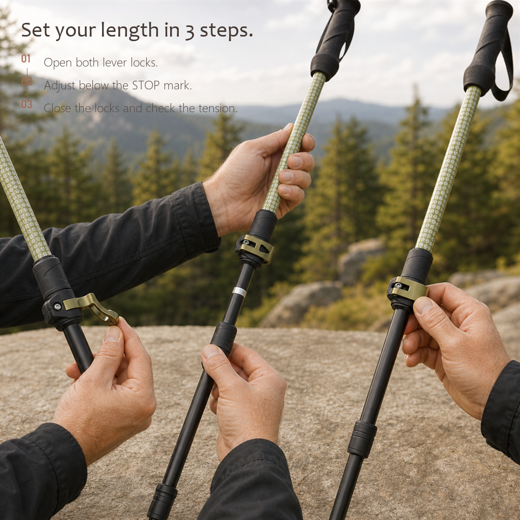 Hands adjusting TrailGlide Lake Green poles with metal lever locks, showing the three-step length setup.