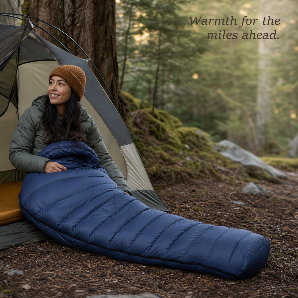 Woman sitting in a TrailNest navy sleeping bag in front of a tent at a forest campsite.