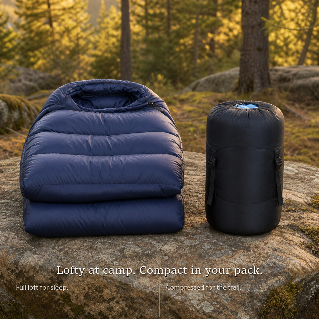 TrailNest navy sleeping bag next to a black compression sack on a rock, showing packed size.