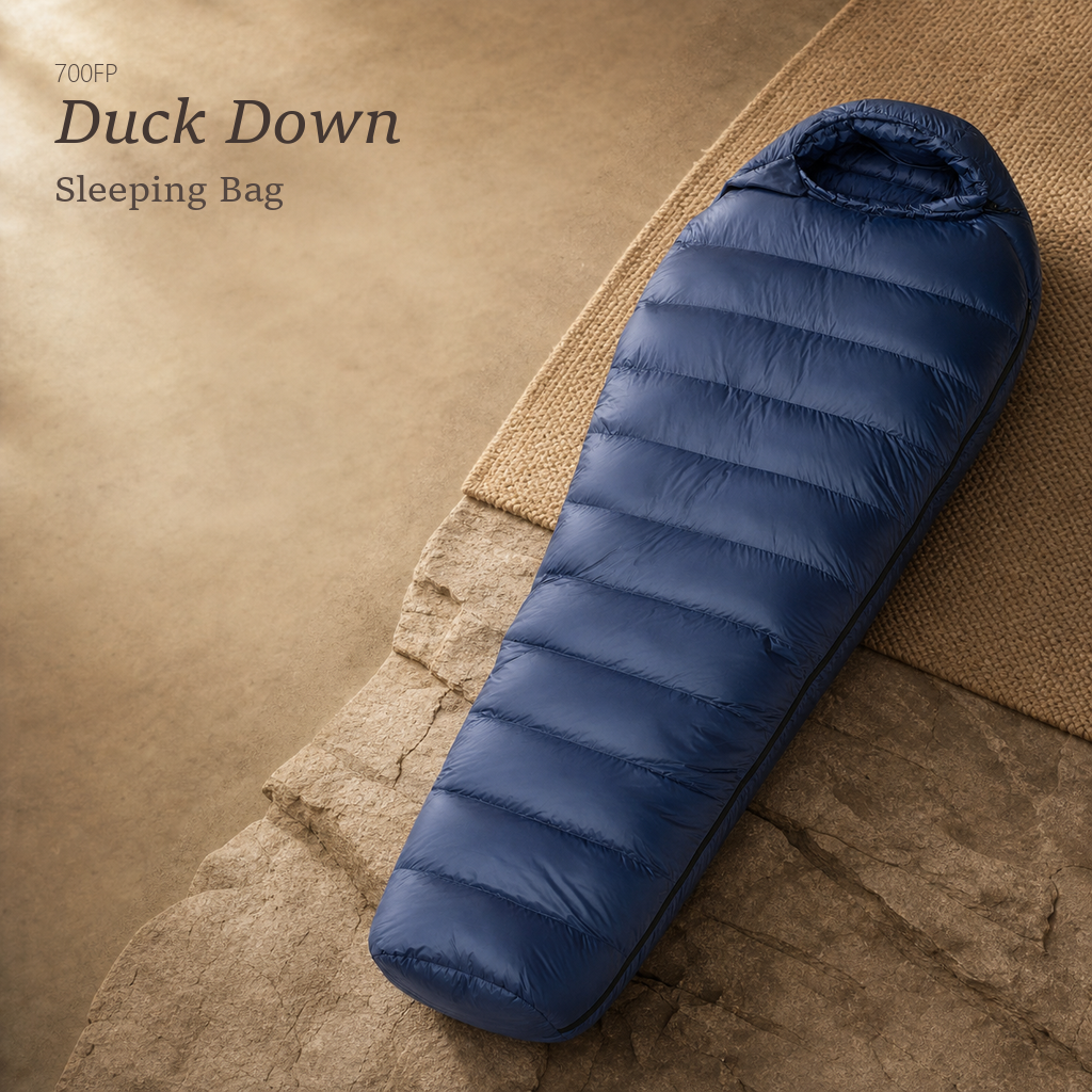 TrailNest navy duck down sleeping bag laid on a rocky surface, 700 fill power text visible.