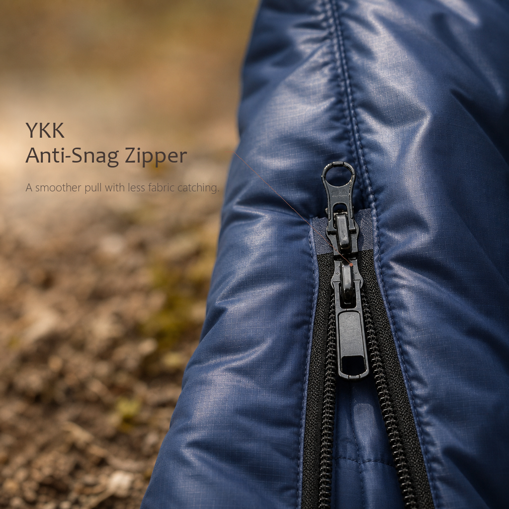 Close-up of TrailNest navy sleeping bag YKK anti-snag zipper with pull tab.