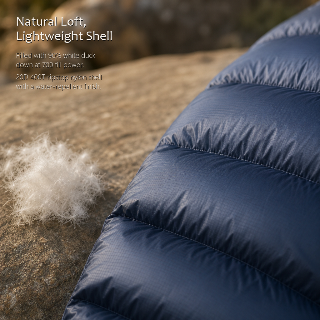 Close-up of TrailNest navy sleeping bag baffles with white duck down fibers on a rock.
