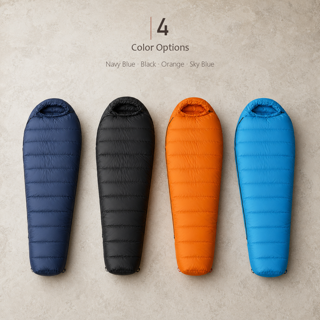 TrailNest sleeping bags in four color options: navy, black, orange, and sky blue, laid flat.