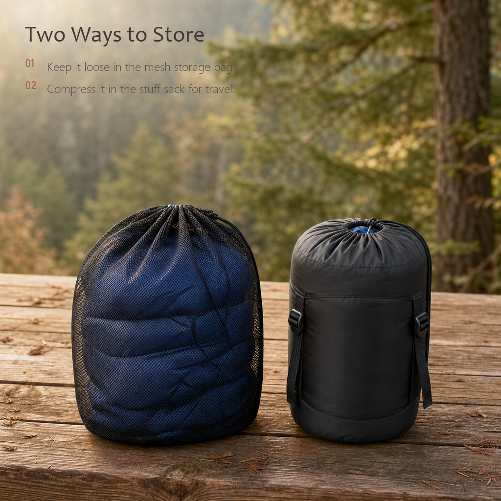 TrailNest navy sleeping bag stored in a mesh sack beside a black compression stuff sack.
