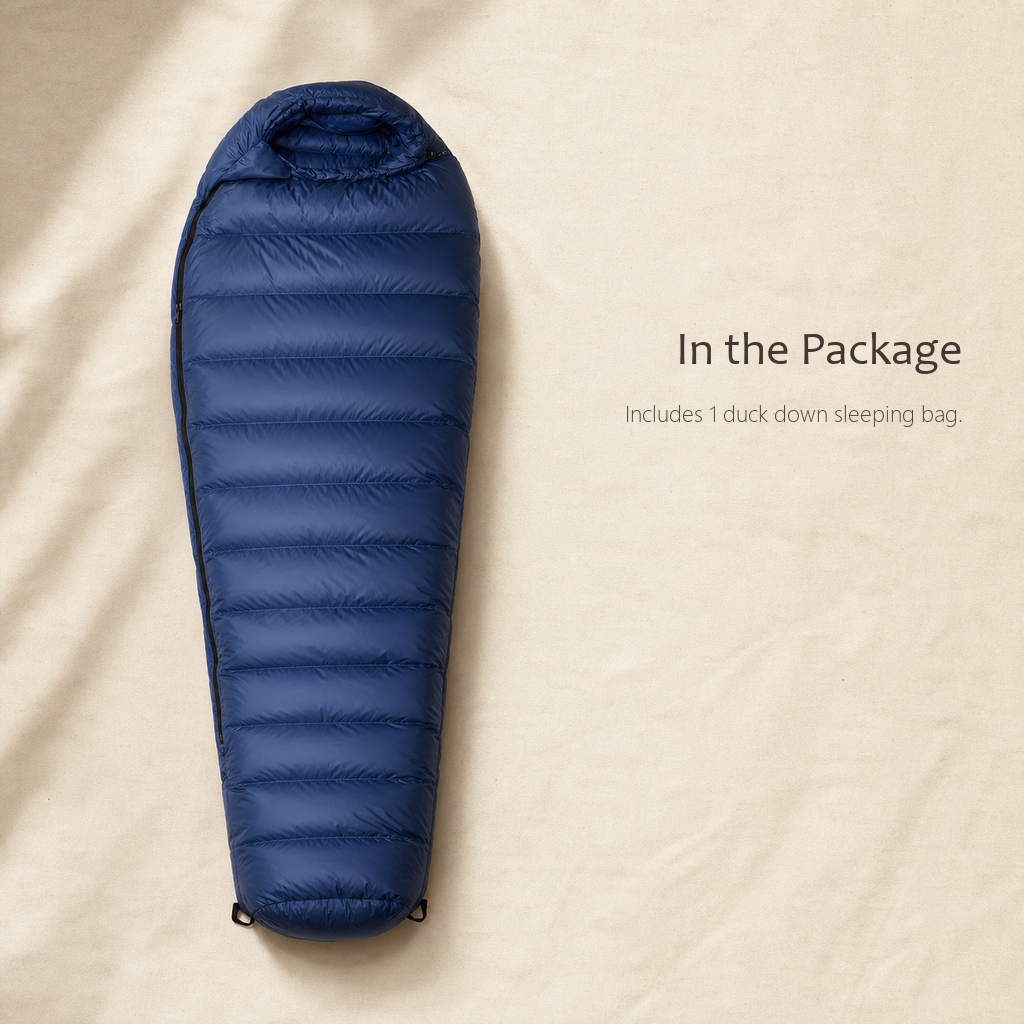 TrailNest navy sleeping bag laid flat on a cream background, package contents callout visible.