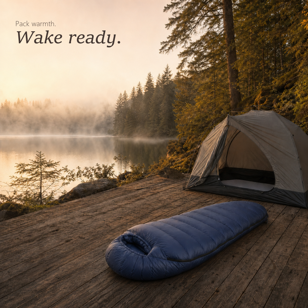 TrailNest navy sleeping bag on a wooden deck by a lake next to a tent at sunrise.