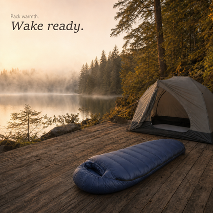 TrailNest navy sleeping bag on a wooden deck by a lake next to a tent at sunrise.