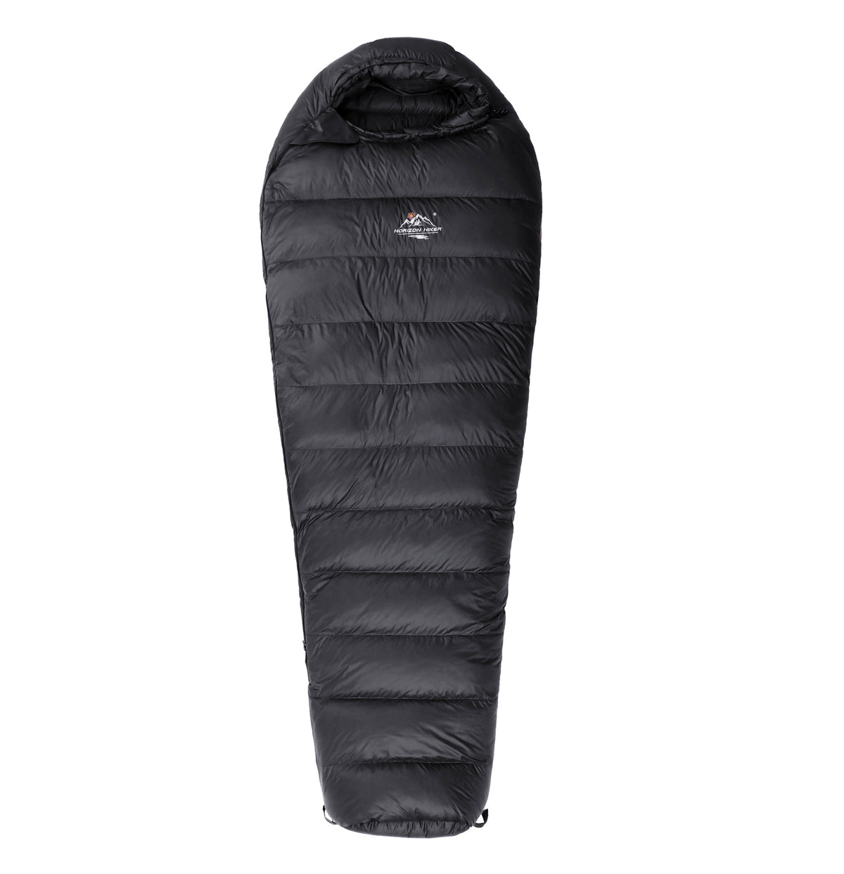 Black TrailNest duck down sleeping bag, full-length mummy product shot on white background.