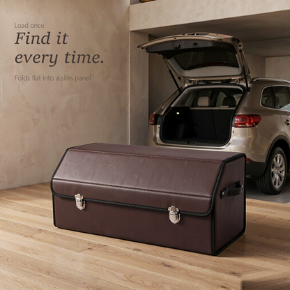 TrunkNest™ Foldable Car Trunk Organizer Box — coffee brown leather-look trunk with two latches, open in a car boot