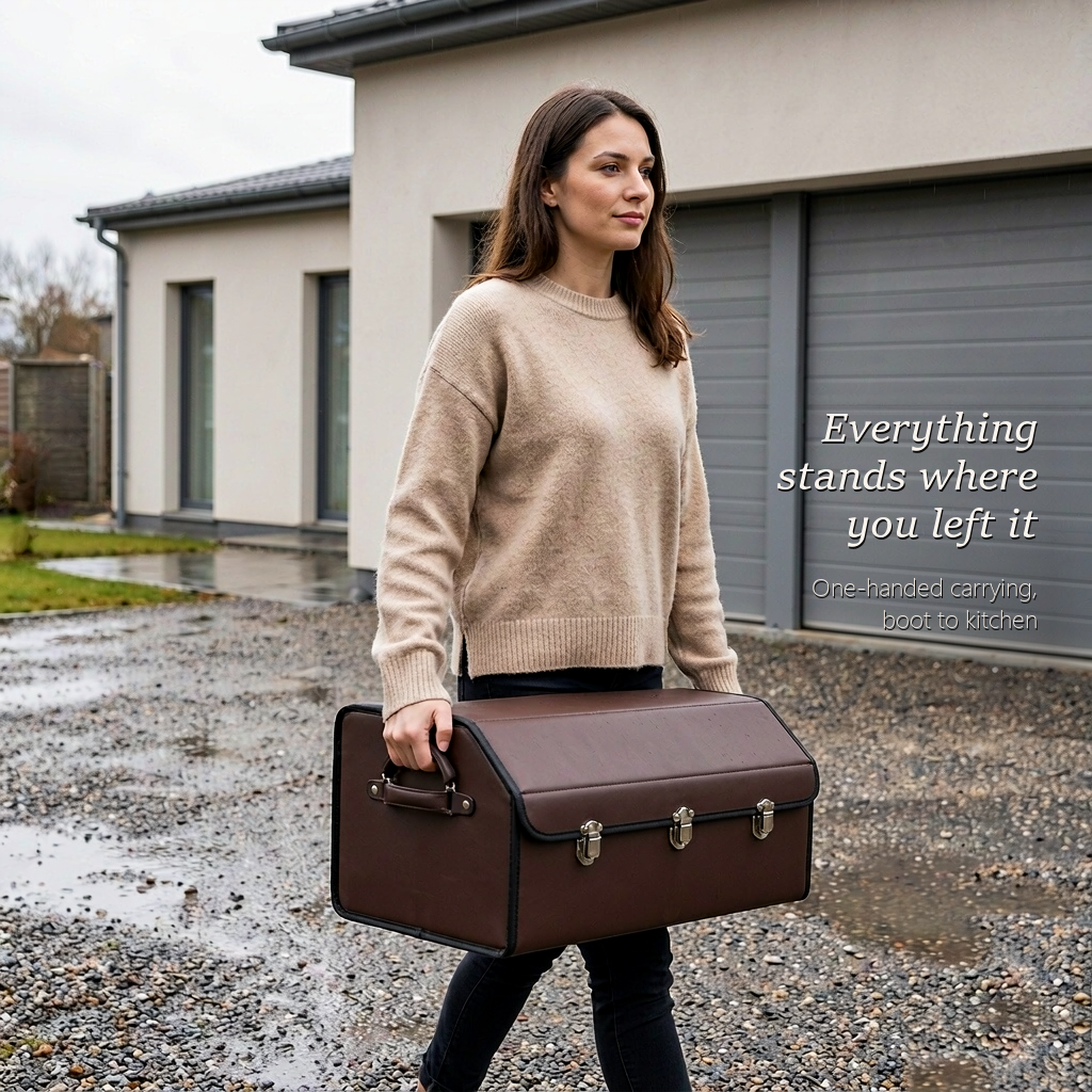 TrunkNest™ Foldable Car Trunk Organizer Box — carried by hand outdoors, coffee brown body with two chrome latches